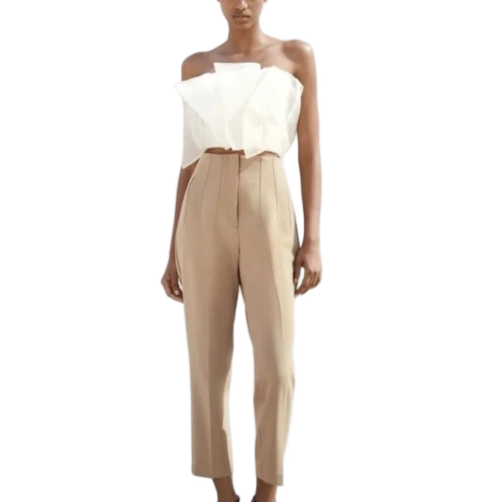 Zara High-Waisted Taupe Brown Straight Pants Ankle Trousers - Size M